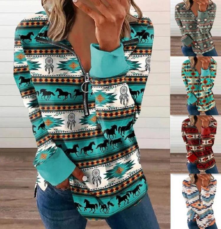 Western Style Zipper Sweater | Cowgirl Chic Pullover with Horse Print
