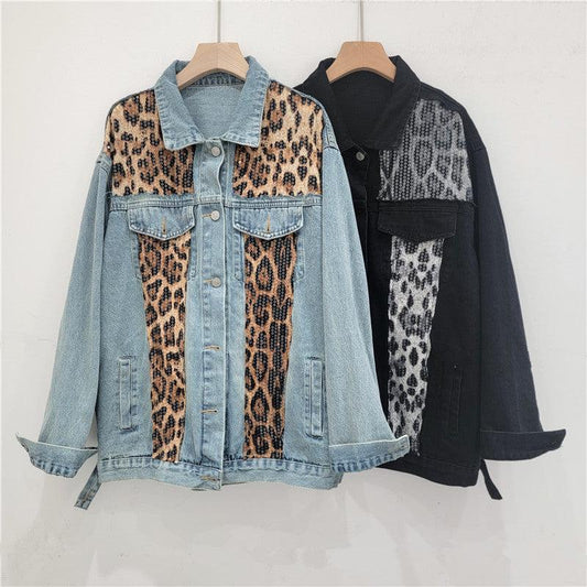 Wild Leopard Denim Jacket Top – Stylish Cowgirl Fashion with Leopard Print and Sequins