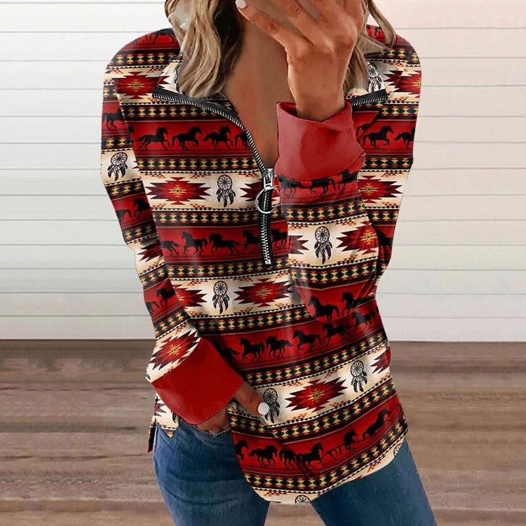 Western Style Zipper Sweater | Cowgirl Chic Pullover with Horse Print