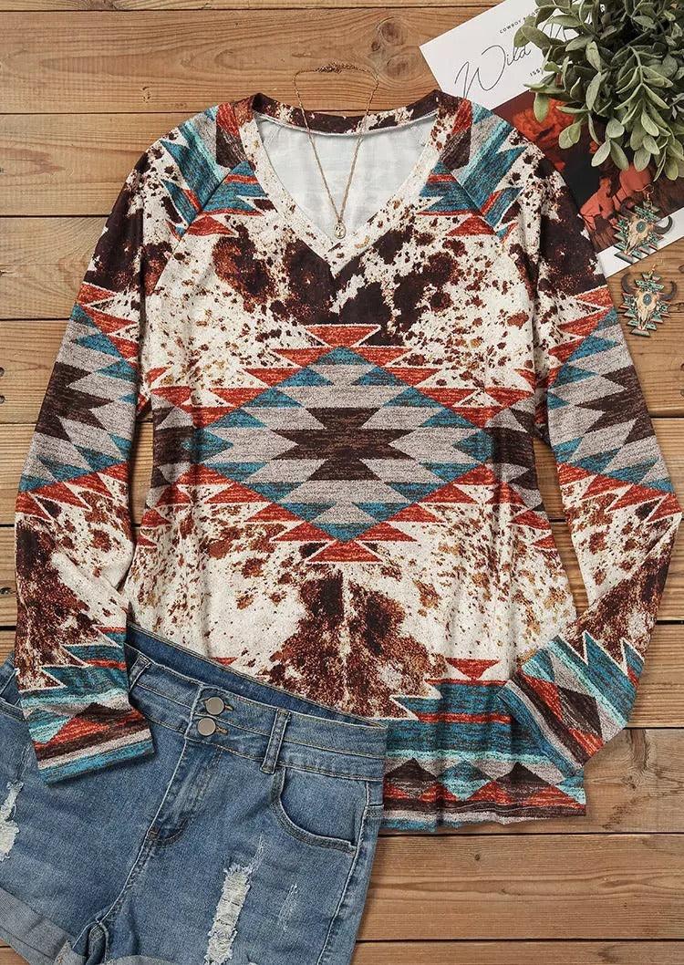 Tribal Roots V Neck Pullover | Boho Chic Long Sleeve T-Shirt