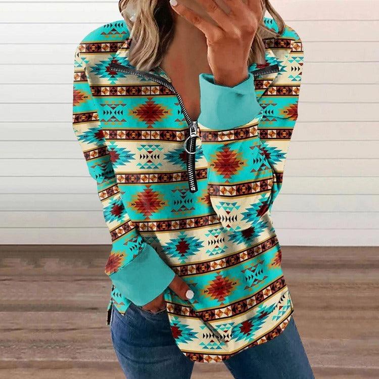 Western Style Zipper Sweater | Cowgirl Chic Pullover with Horse Print
