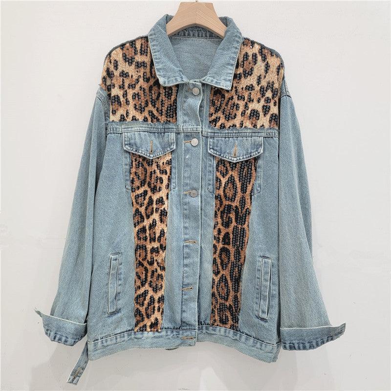 Wild Leopard Denim Jacket Top – Stylish Cowgirl Fashion with Leopard Print and Sequins