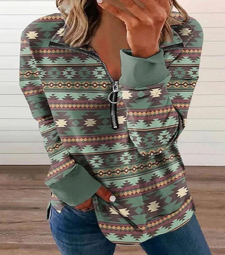 Western Style Zipper Sweater | Cowgirl Chic Pullover with Horse Print