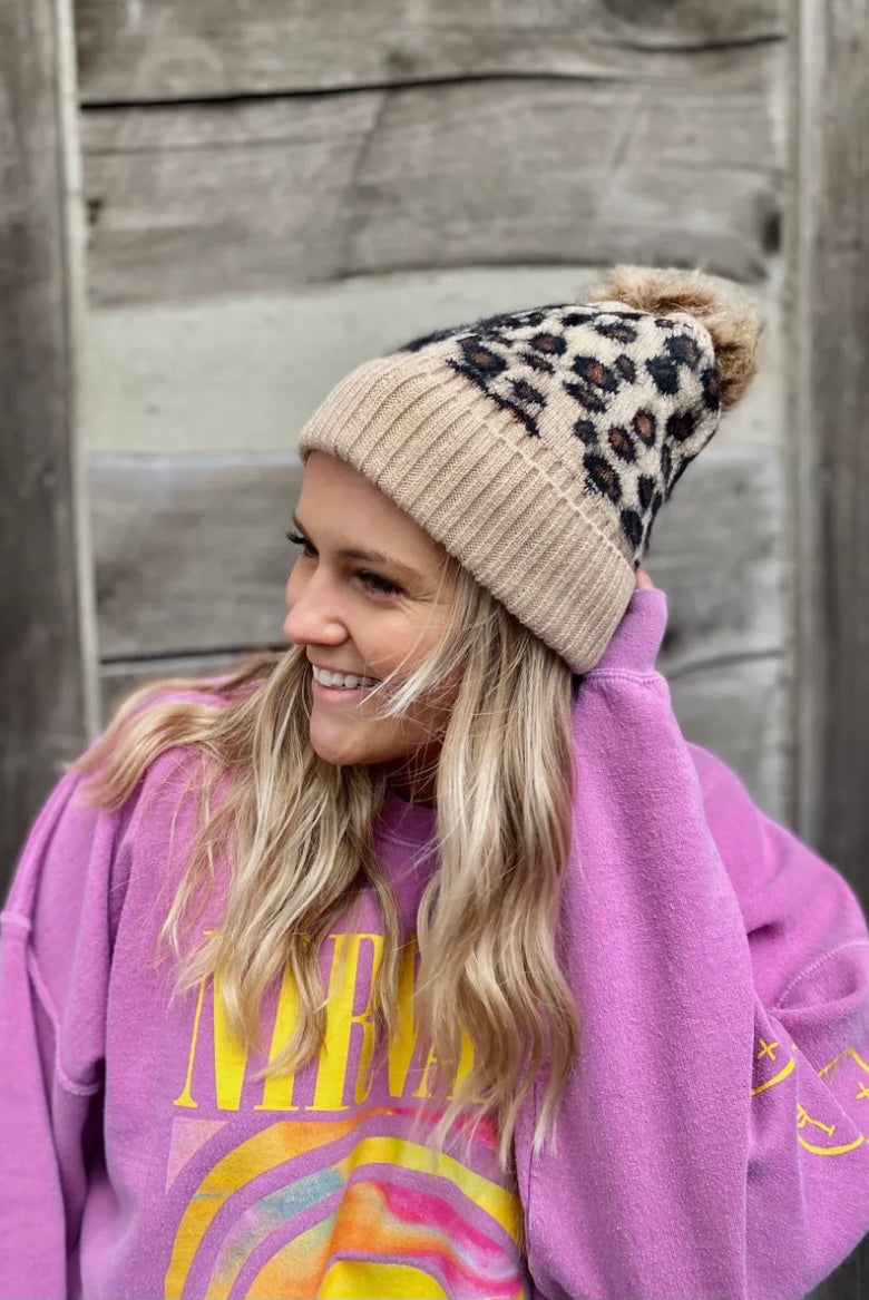 The Cheetah Pom Beanie in Brown