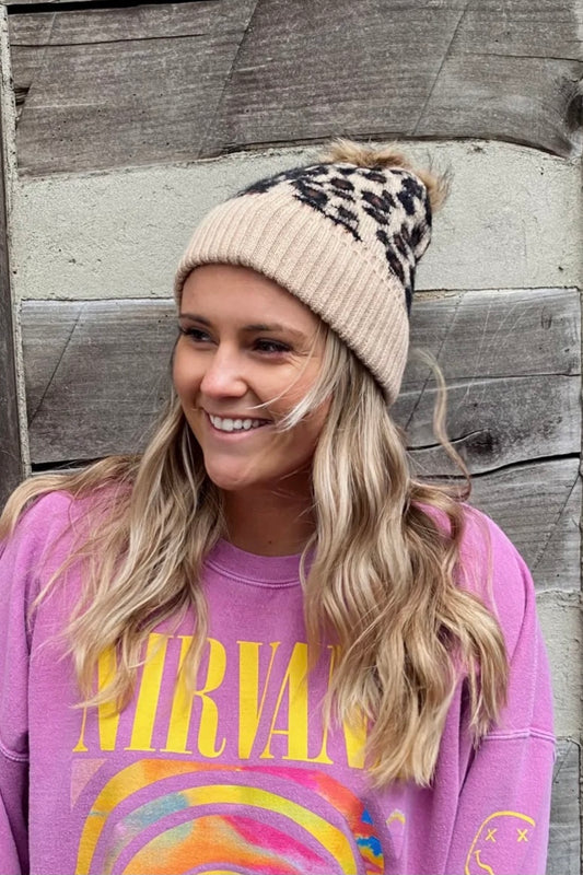 The Cheetah Pom Beanie in Brown